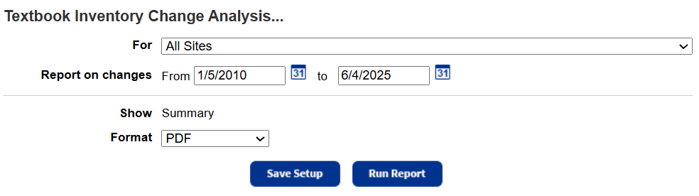 Textbook inventory change analysis setup page.